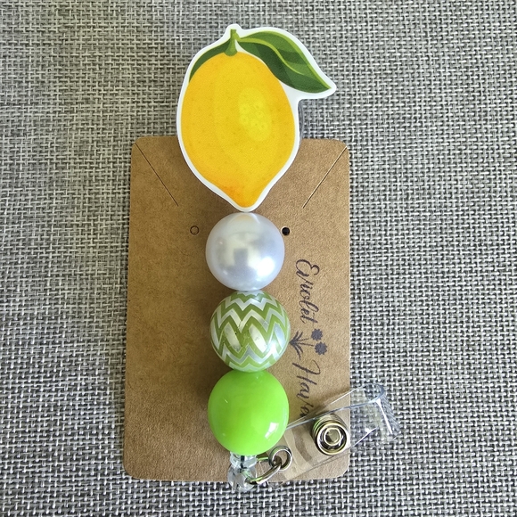 Handmade Accessories - Lemon Fruit Green Yellow Beaded Retractable Name Badge ID Reel Holder